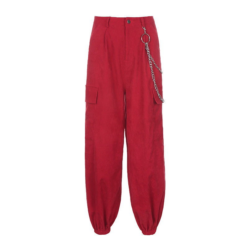 Casual pants women's high-waist red corduroy handsome trendy loose slim pocket trousers trousers