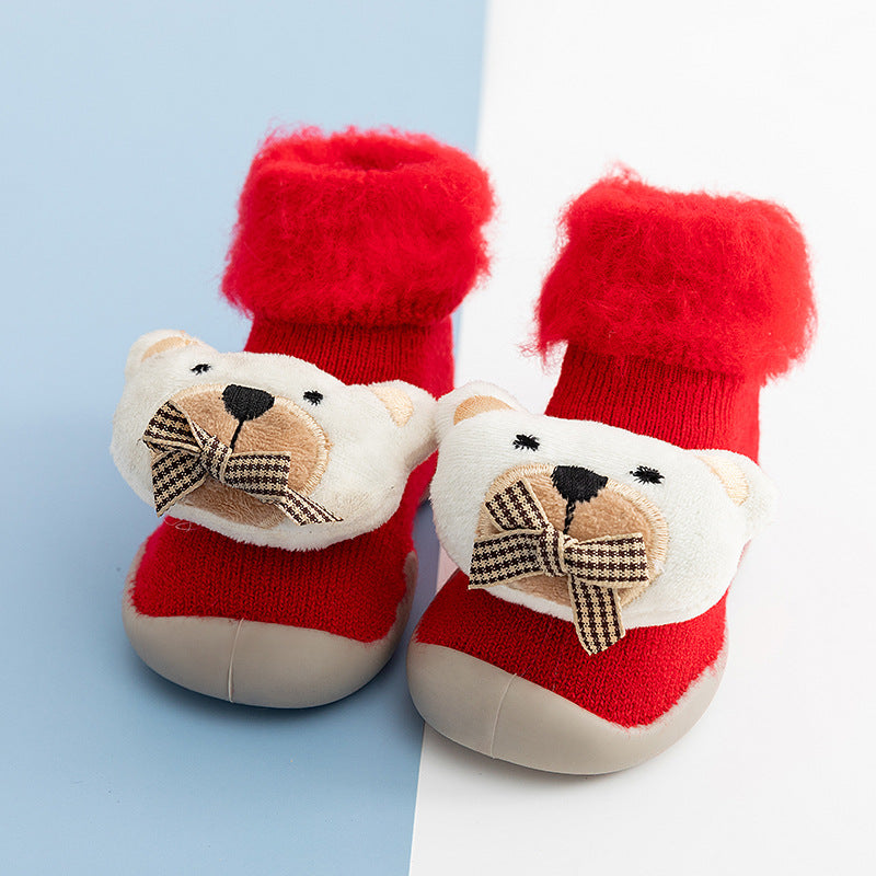 Cartoon doll in tube flanging toddler winter thickening warm high-top socks and shoes non-slip