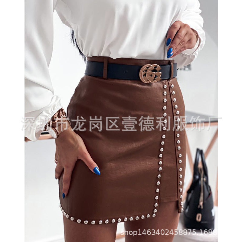 European and American sexy leather beaded skirt split bag hip skirt