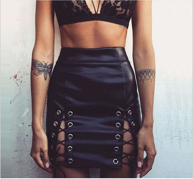 European and American Women's Sexy High Waist PU Leather Bandage Slim Pencil Skirt