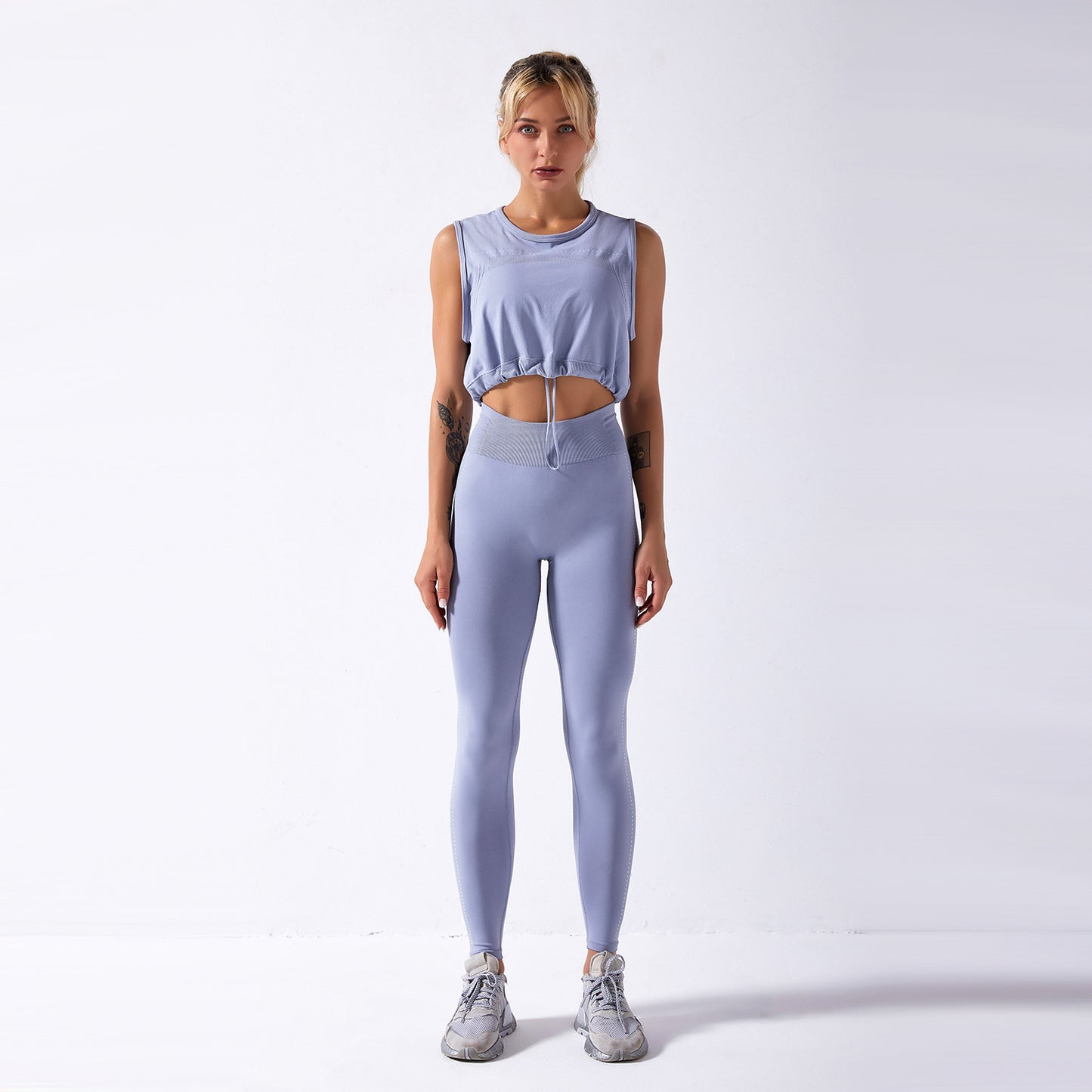 Two-piece seamless yoga suit cross-border hot style solid color sleeveless drawstring top trousers