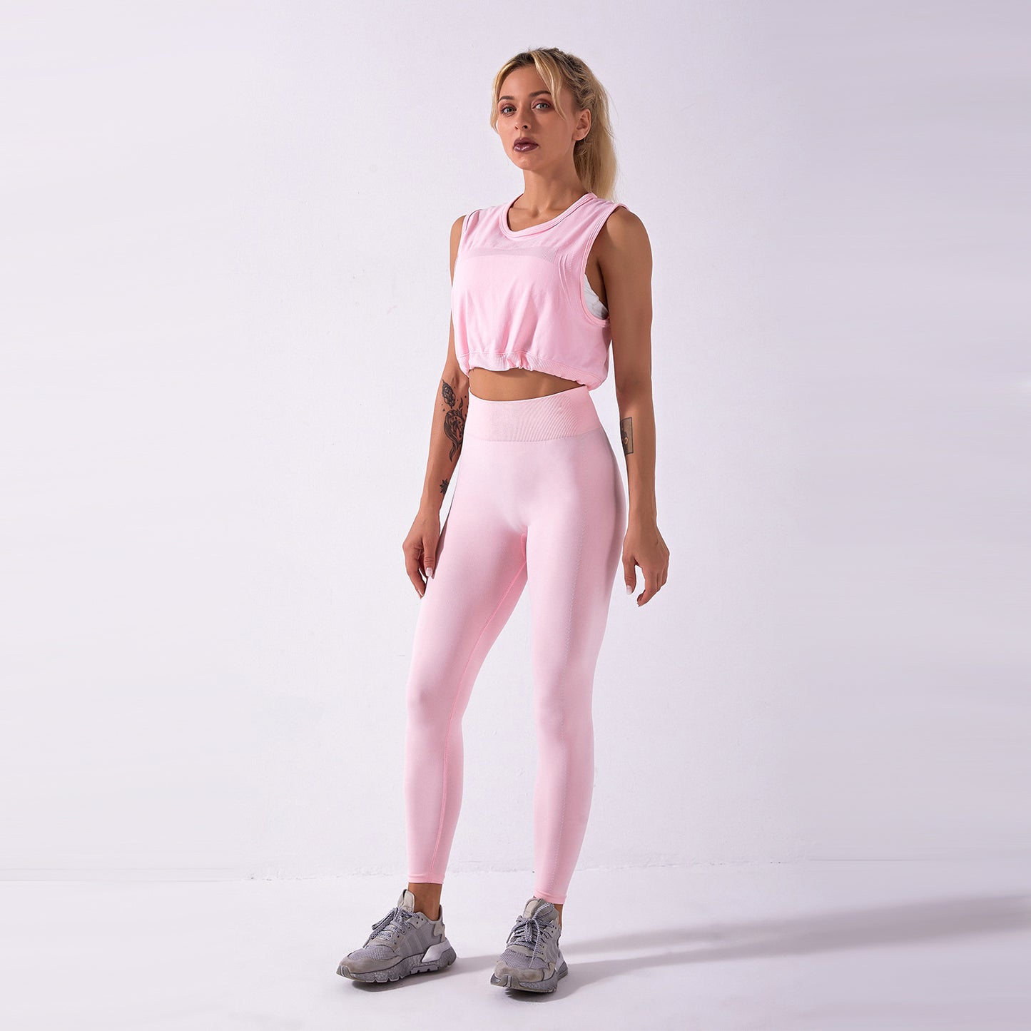 Two-piece seamless yoga suit cross-border hot style solid color sleeveless drawstring top trousers