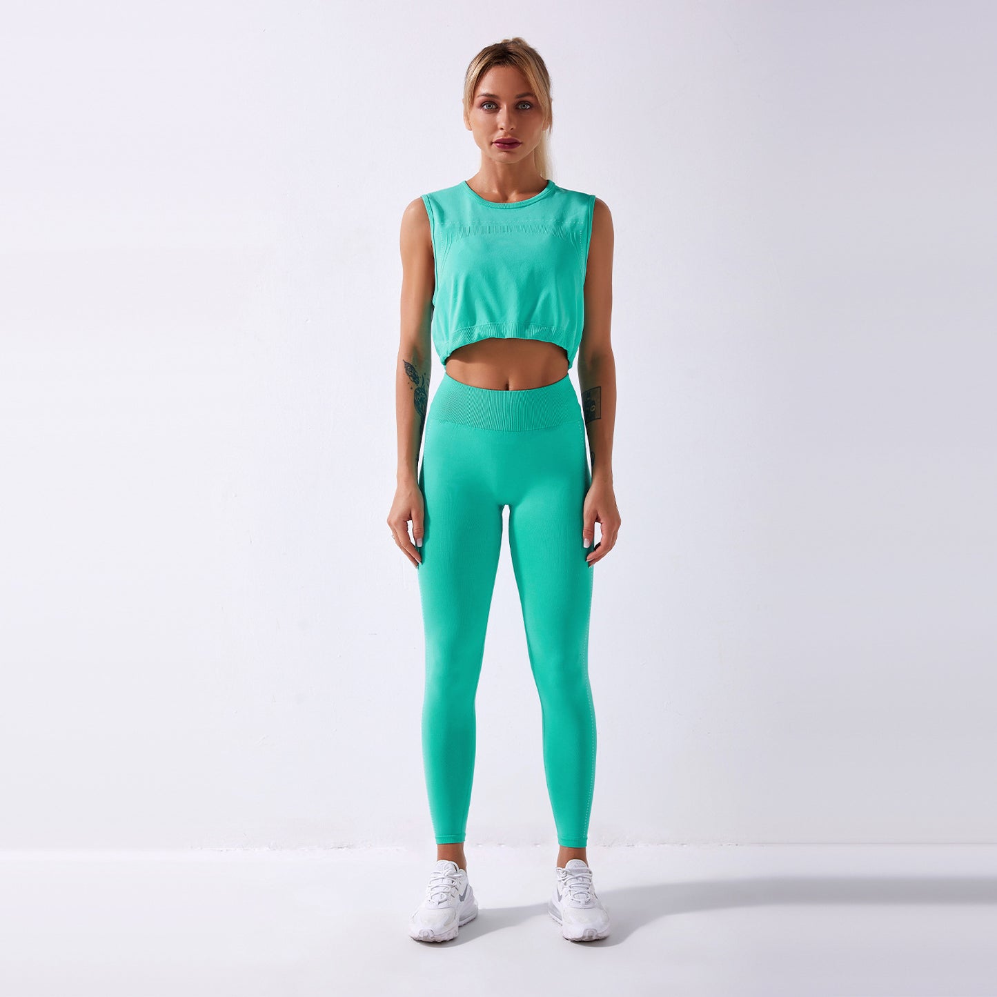 Two-piece seamless yoga suit cross-border hot style solid color sleeveless drawstring top trousers