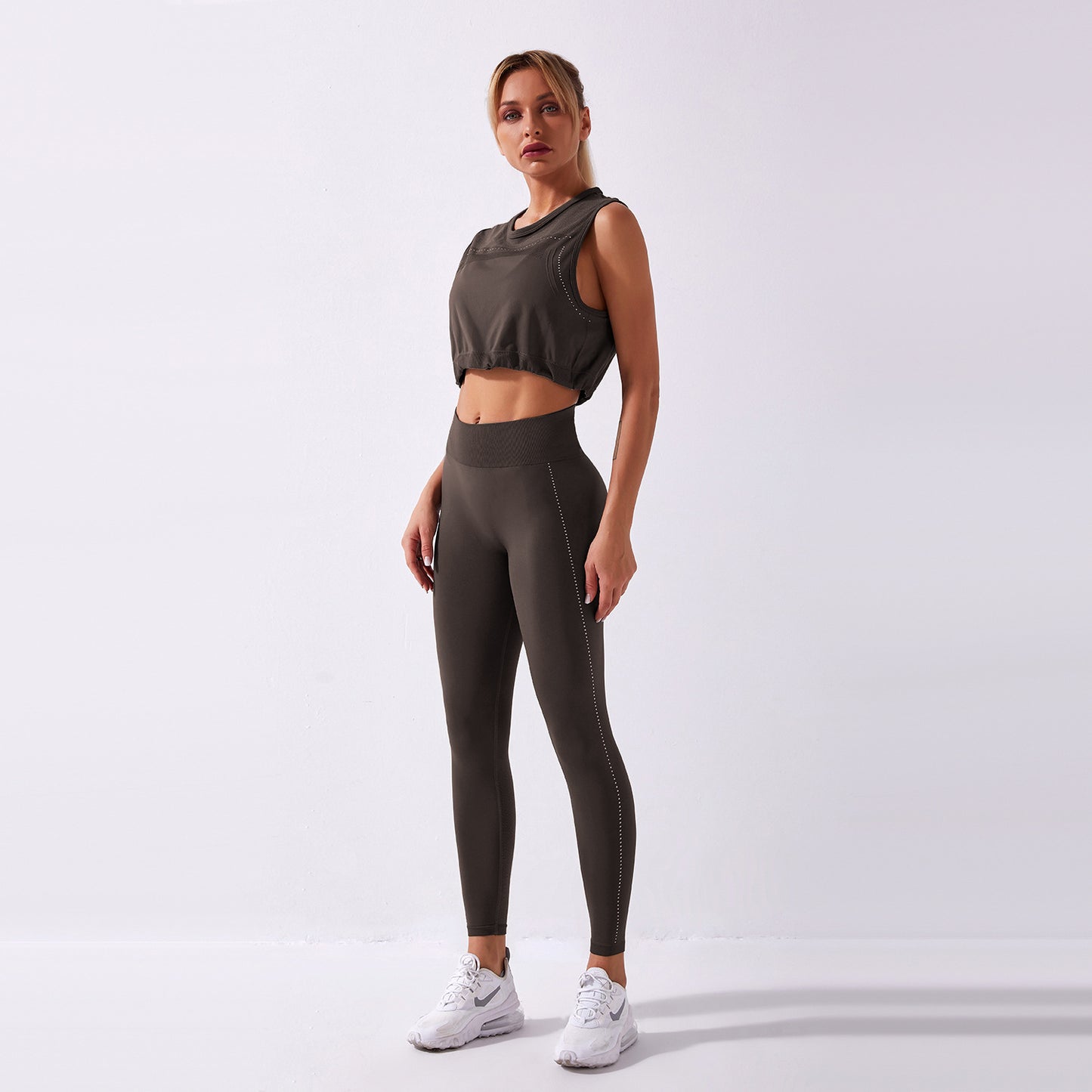 Two-piece seamless yoga suit cross-border hot style solid color sleeveless drawstring top trousers