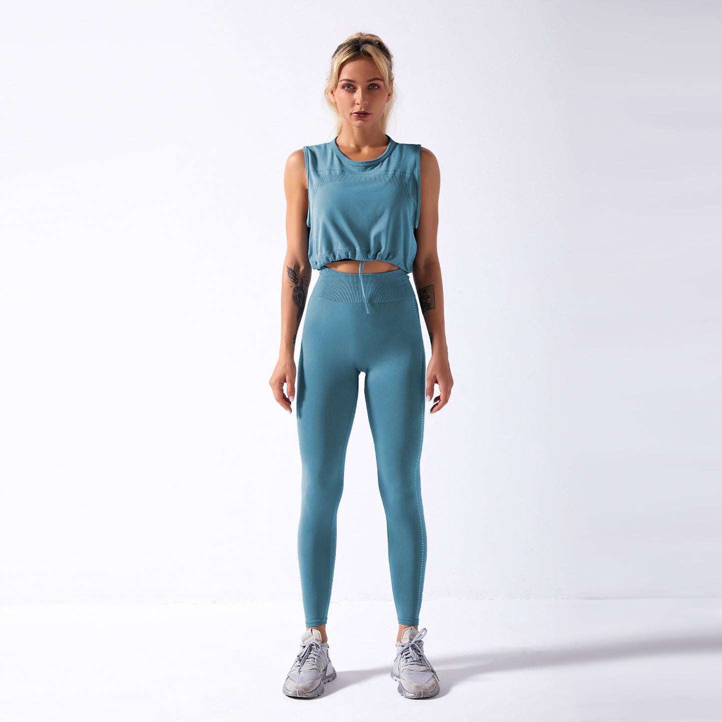 Two-piece seamless yoga suit cross-border hot style solid color sleeveless drawstring top trousers