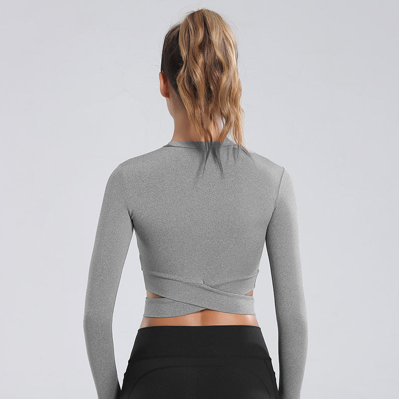 Tight-fitting sports women's long-sleeved short quick-drying fitness exercise training yoga clothes waistless yoga top