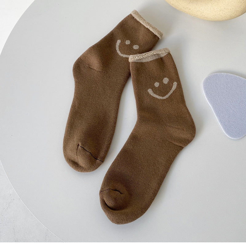 Smiley face terry socks solid color curling thickening warm women's socks comfortable cotton socks