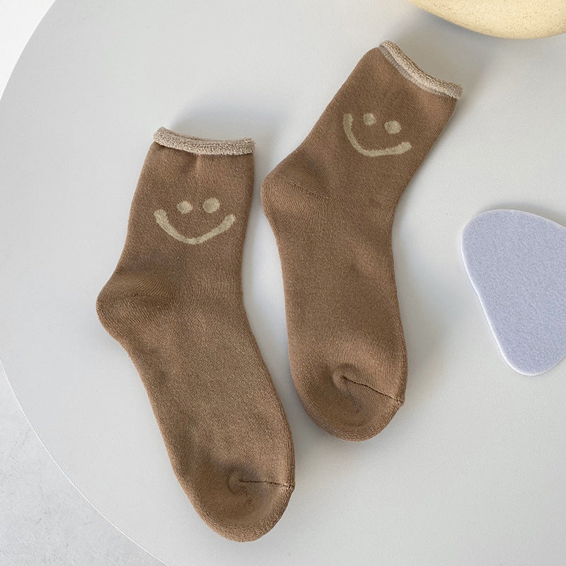 Smiley face terry socks solid color curling thickening warm women's socks comfortable cotton socks