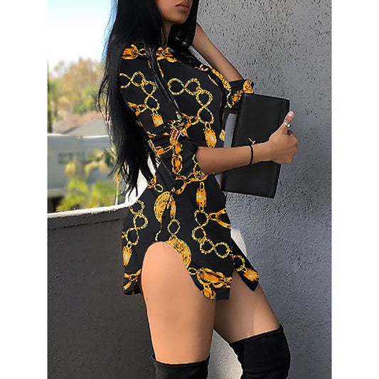 European and American hot sale chain print long sleeve dress open lined dress