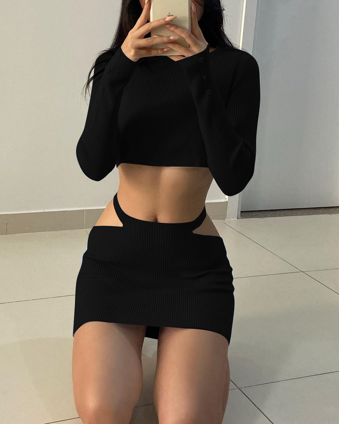 European and American fashion sexy suit women's new long-sleeved cropped top hollow skirt