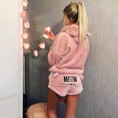 Cross-border European and American pajamas women's autumn and winter home clothes cat embroidery hooded flannel pajamas warm suit pajamas