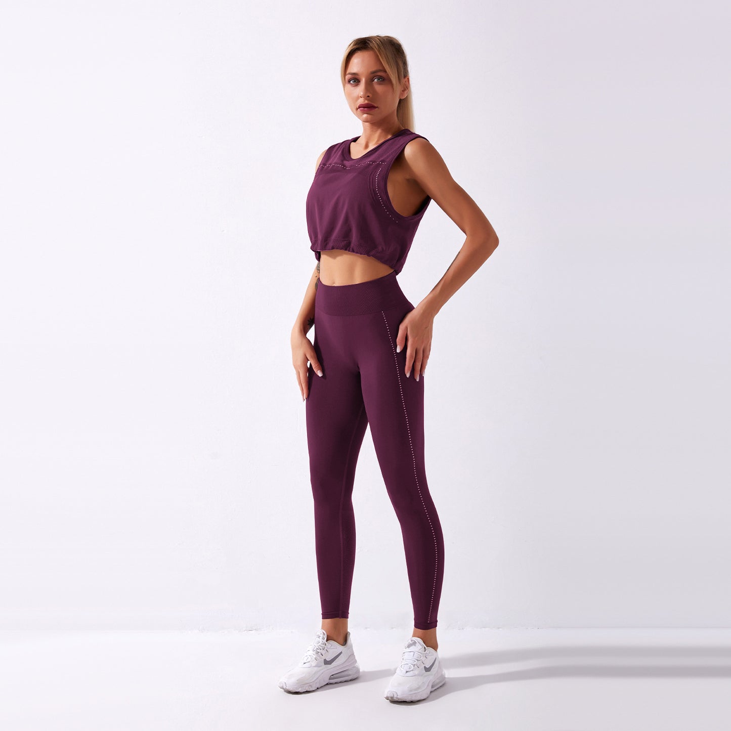 Two-piece seamless yoga suit cross-border hot style solid color sleeveless drawstring top trousers