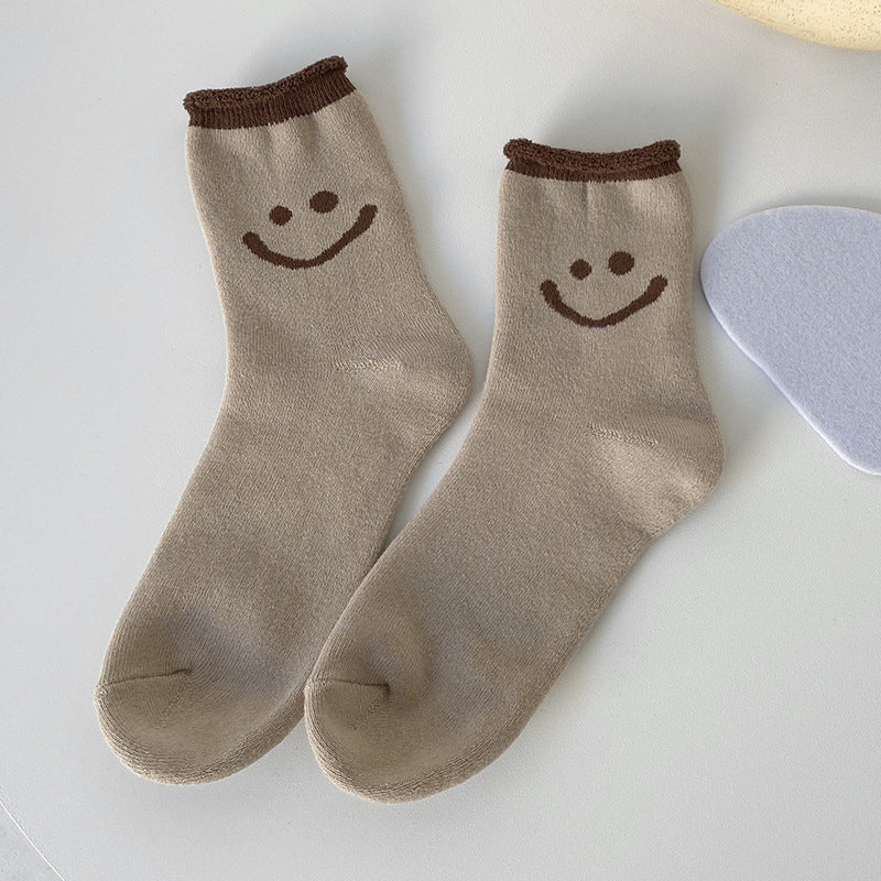 Smiley face terry socks solid color curling thickening warm women's socks comfortable cotton socks