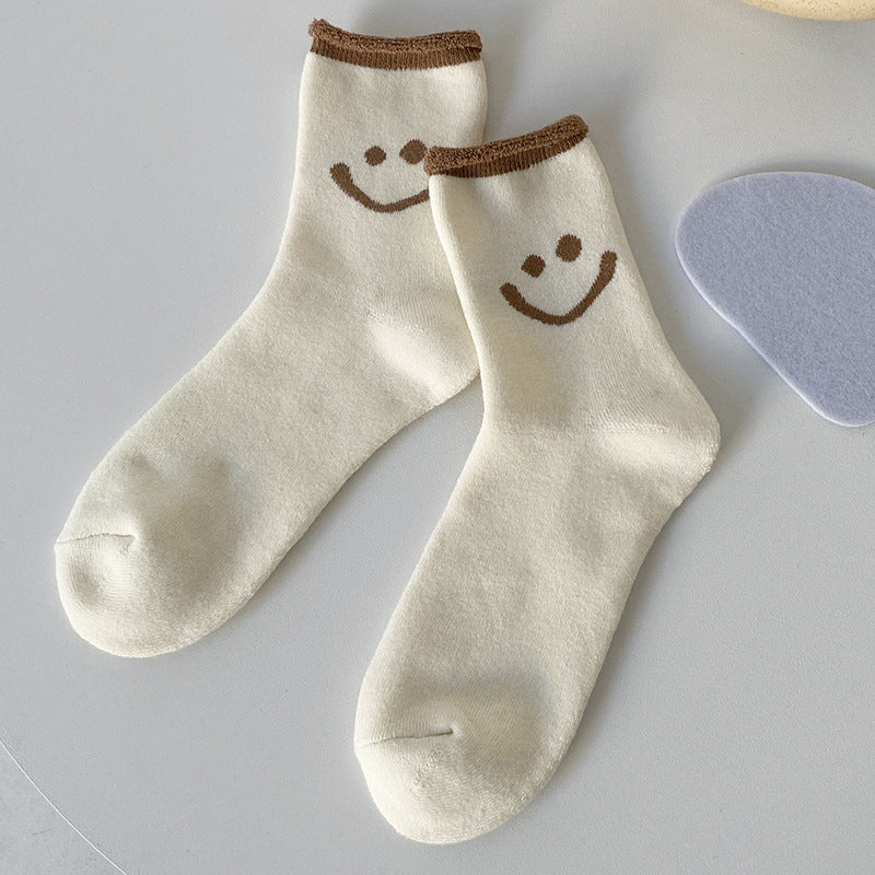 Smiley face terry socks solid color curling thickening warm women's socks comfortable cotton socks