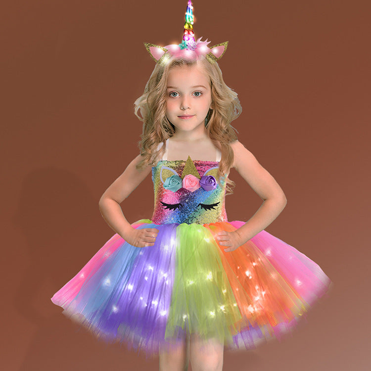 Children's clothing unicorn sequin luminous girls princess dress LED children's dress Christmas costume tutu skirt