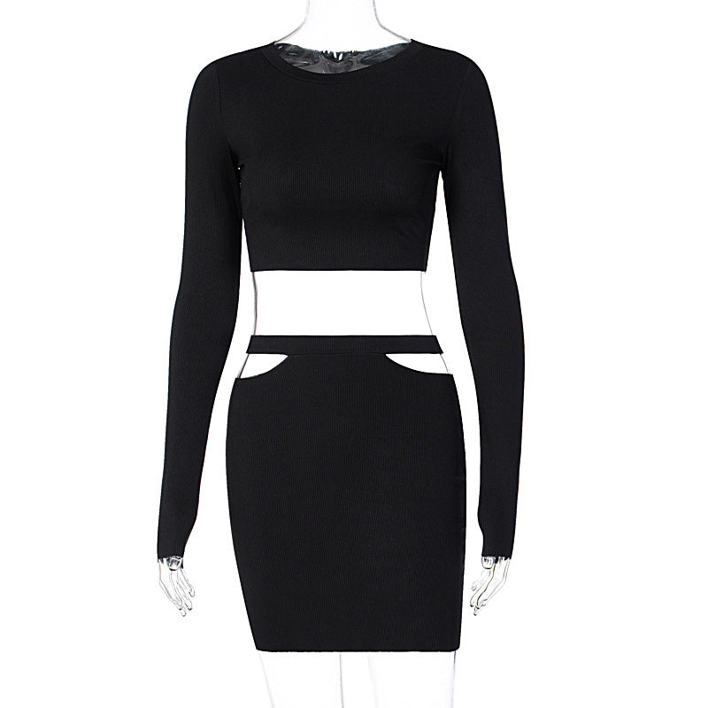 European and American fashion sexy suit women's new long-sleeved cropped top hollow skirt