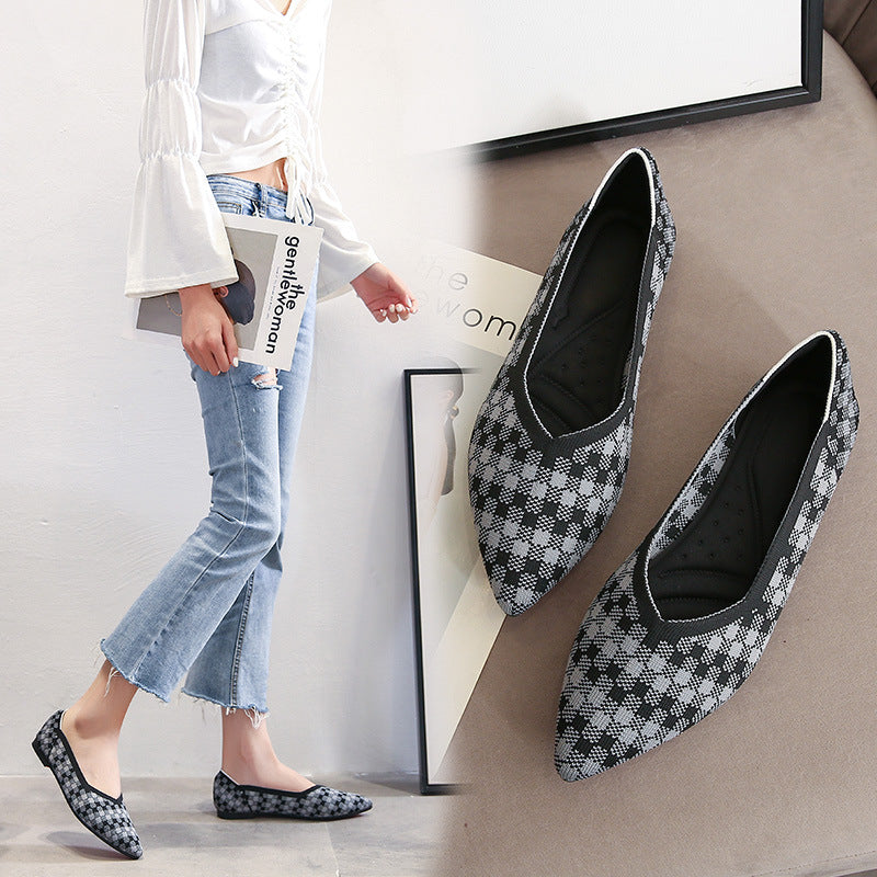 Wangfeifei woven shoes pointed toe shallow mouth soft bottom flat bottom new fashion widened and fat scoop shoes