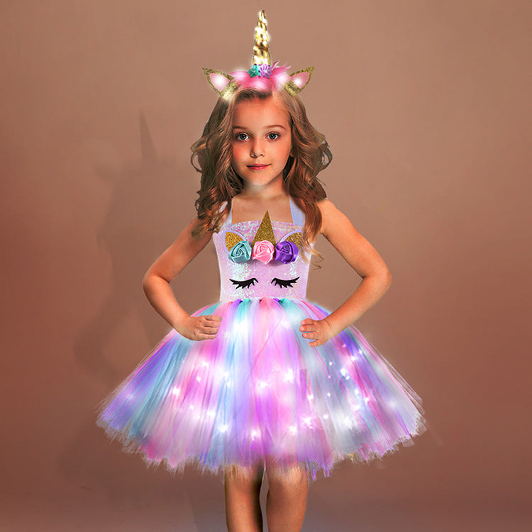 ins children's clothing unicorn sequin luminous girls princess dress LED children's dress Christmas costume tutu skirt