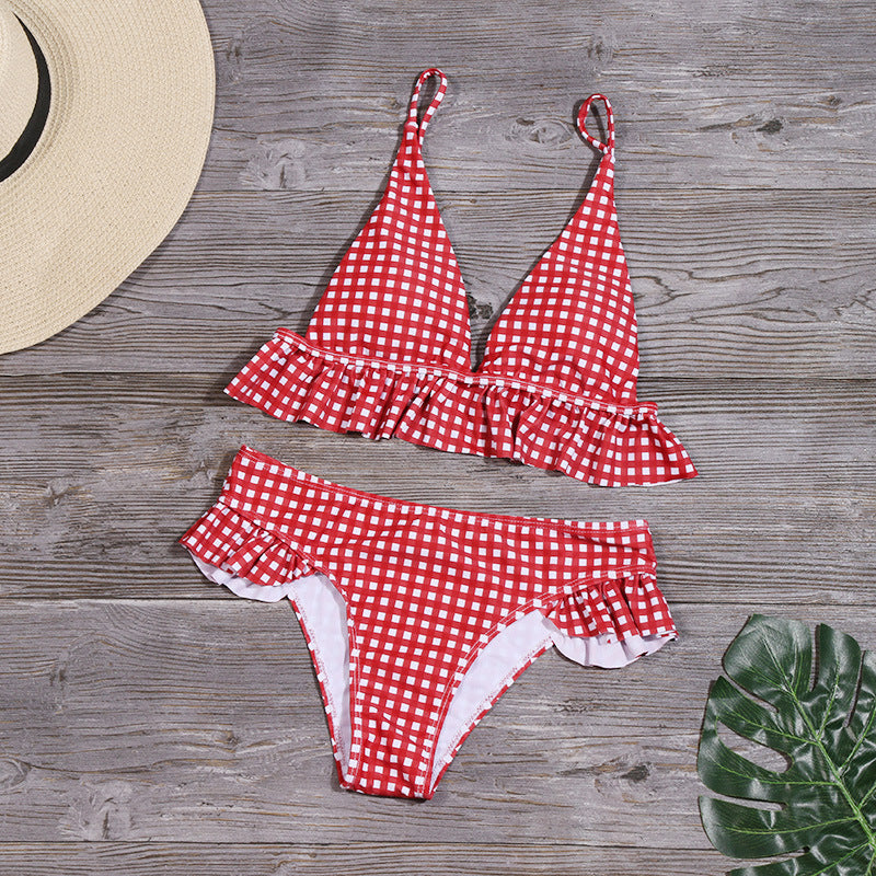 European and American sexy plaid bikini split shoulders ruffled swimsuit