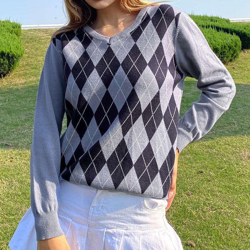 European and American cross-border diamond grid loose striped long-sleeved sweater