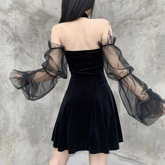 Dark design ins sexy see-through mesh girl dress chic lace high waist wrapped chest princess dress