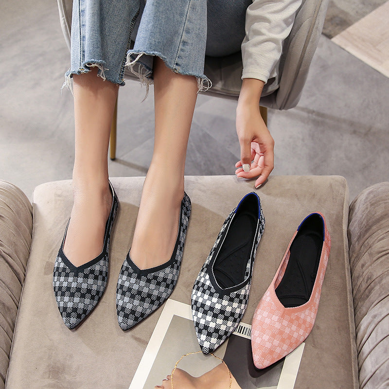 Wangfeifei woven shoes pointed toe shallow mouth soft bottom flat bottom new fashion widened and fat scoop shoes