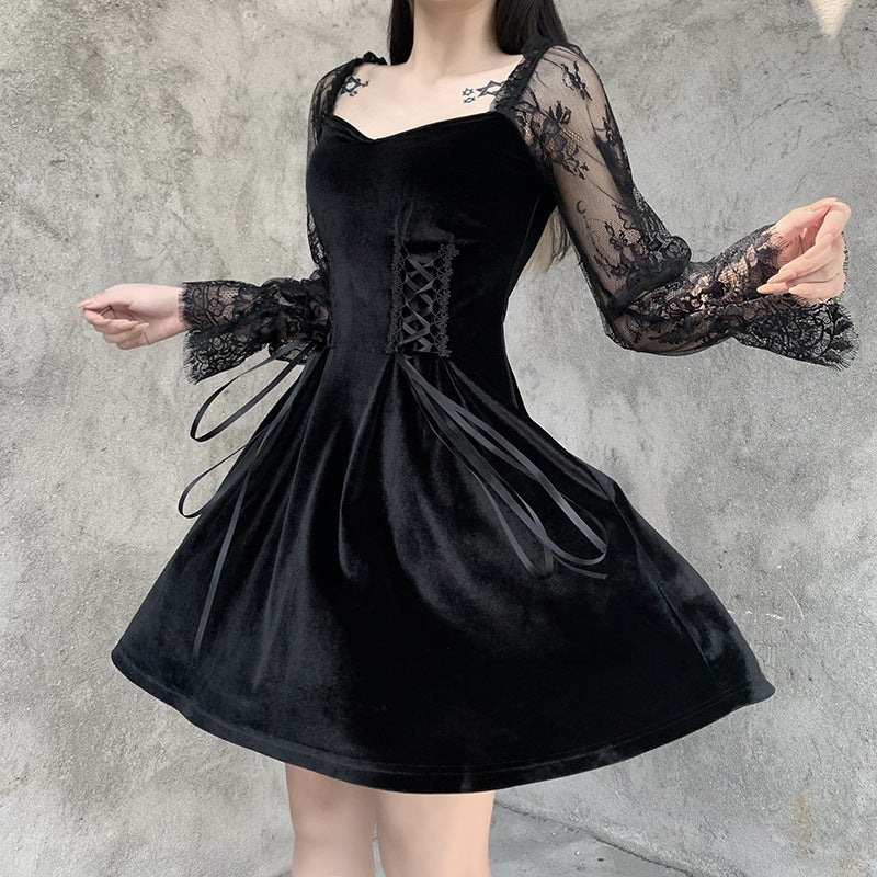 Sexy autumn and winter new style lace stitching square neck long sleeve dress Lolita lace dress