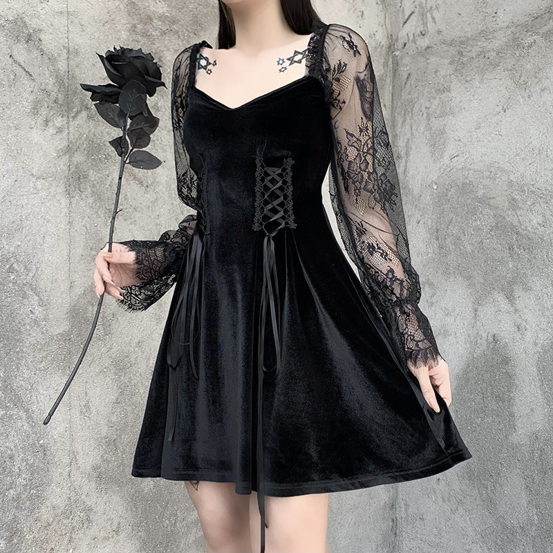 Sexy autumn and winter new style lace stitching square neck long sleeve dress Lolita lace dress