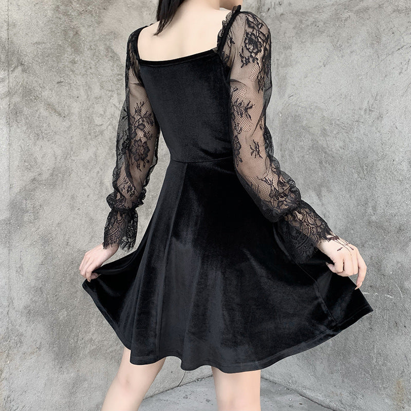 Sexy autumn and winter new style lace stitching square neck long sleeve dress Lolita lace dress