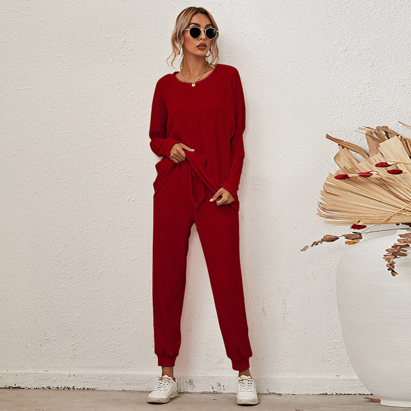 New style European and American solid color long-sleeved loose casual suit women's home wear pajamas