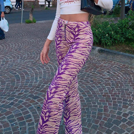 European and American style personality stripe printing zipper high waist casual straight-leg pants