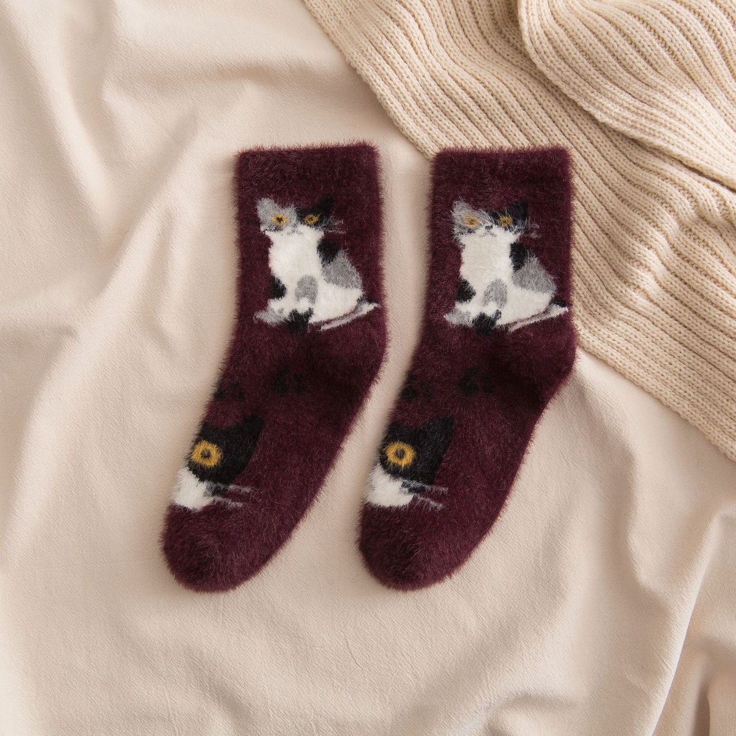 Socks women's tube socks thickened warm mink stockings cute cats sleep socks