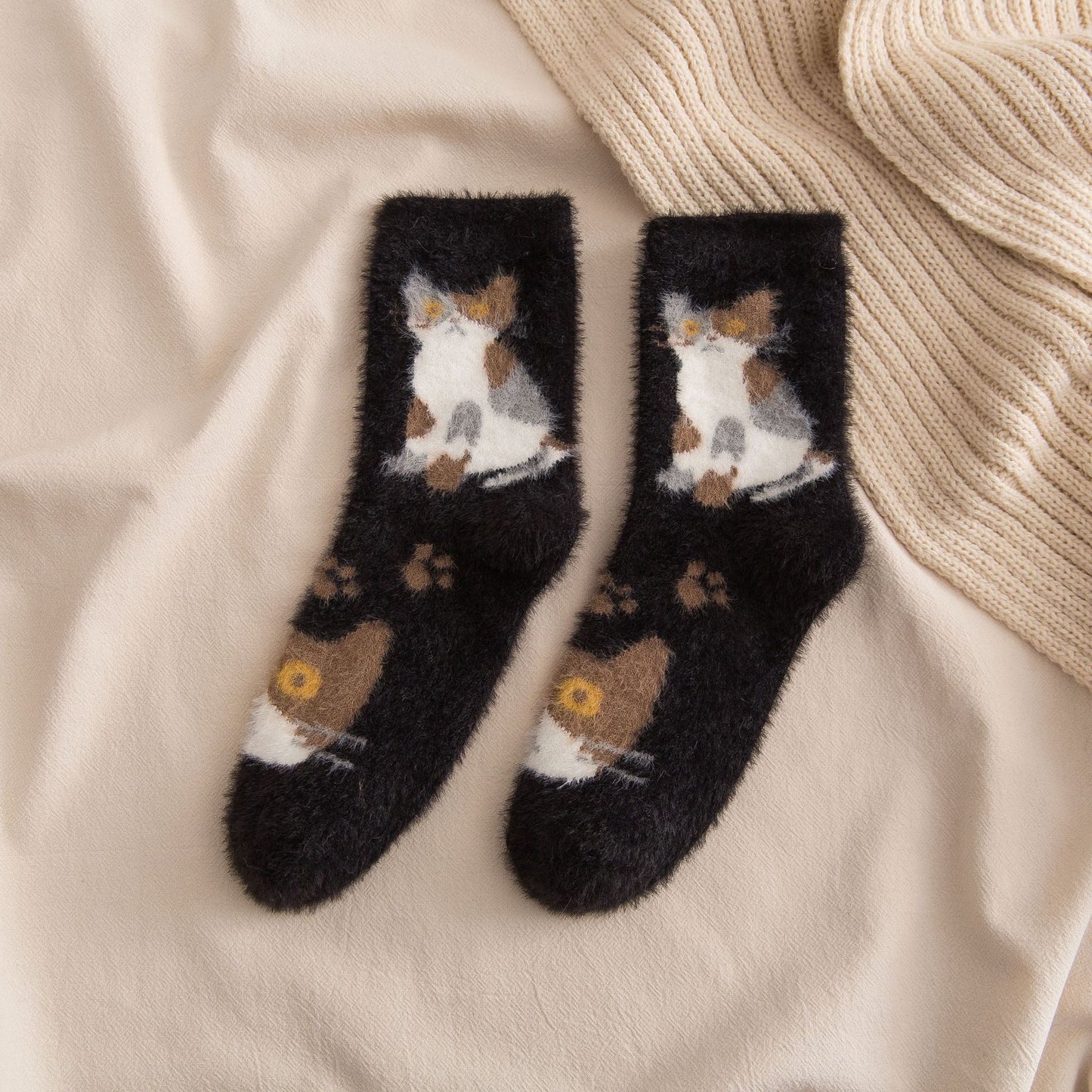 Socks women's tube socks thickened warm mink stockings cute cats sleep socks