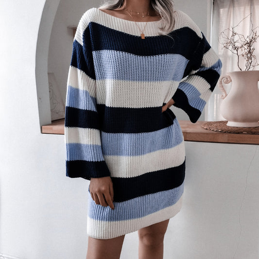 European and American one-word neck strapless loose contrast striped knitted sweater dress