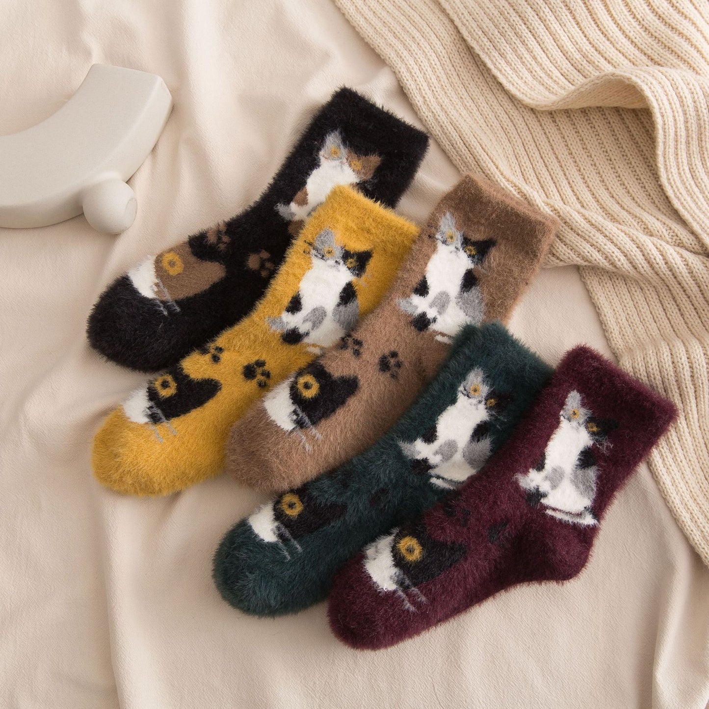 Socks women's tube socks thickened warm mink stockings cute cats sleep socks