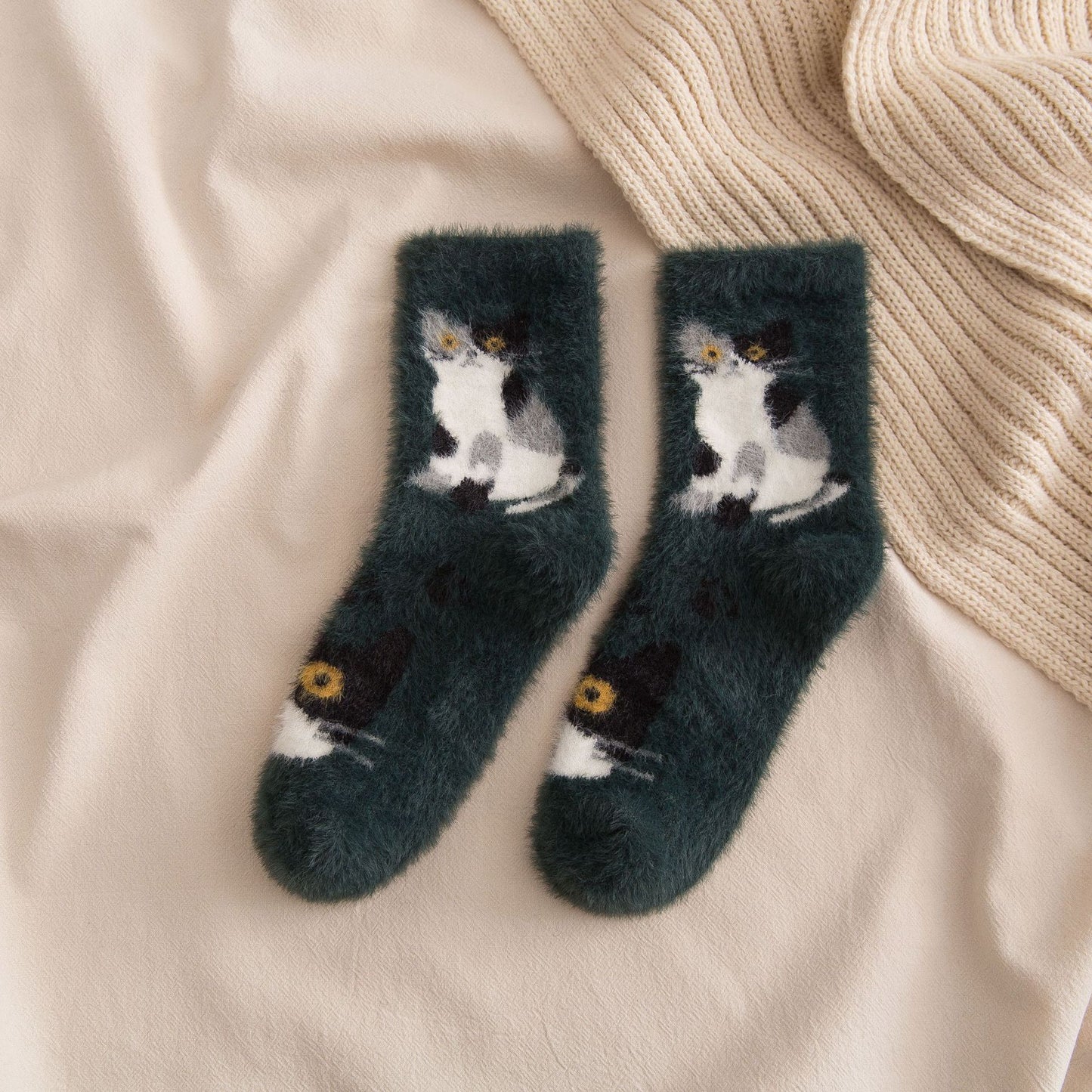 Socks women's tube socks thickened warm mink stockings cute cats sleep socks