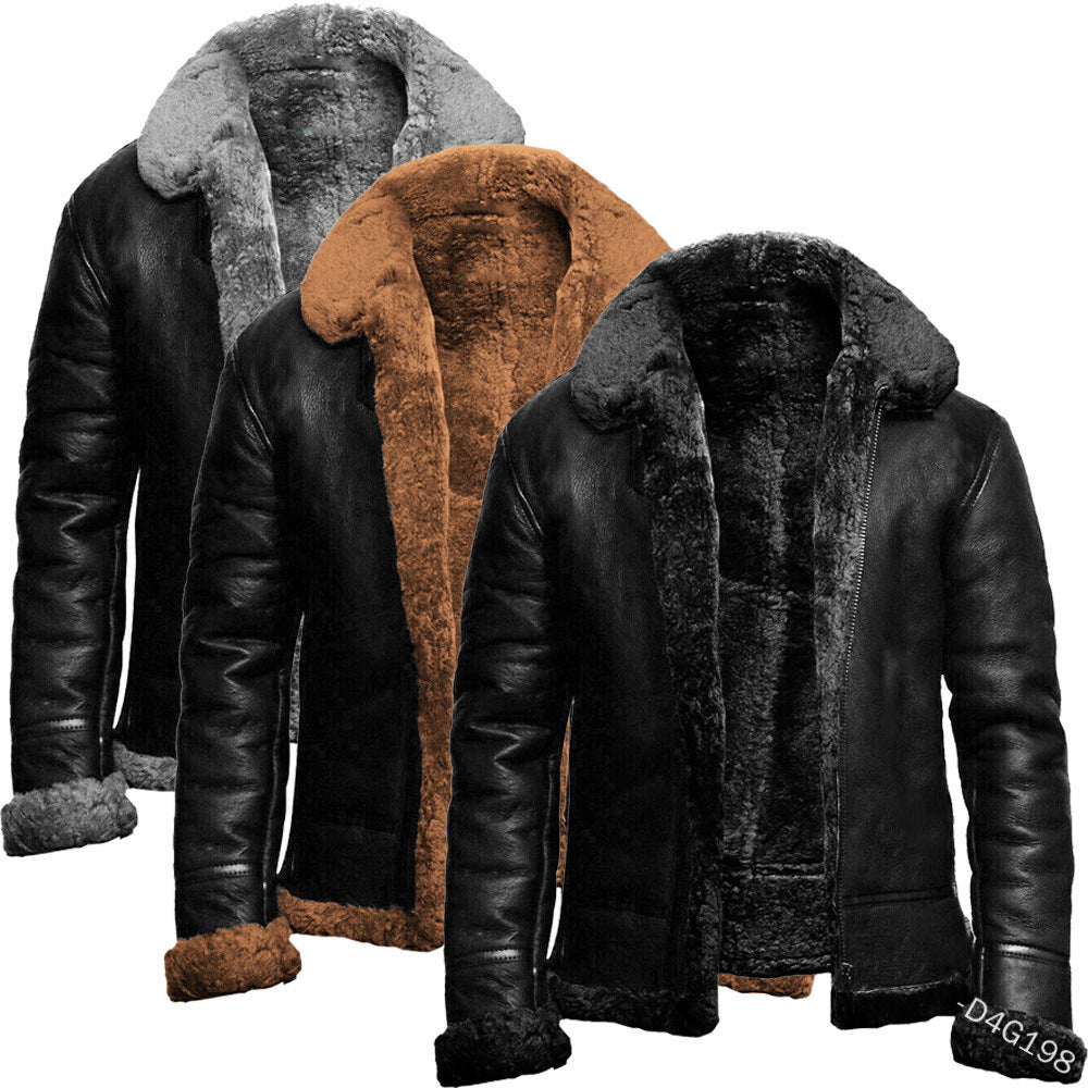 European and American plus velvet lapel loose winter zipper casual straight hem PU jacket