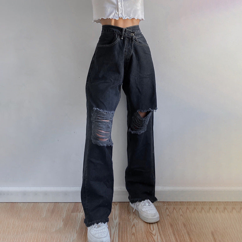 European and American street trend ripped raw edge personalized waist jeans