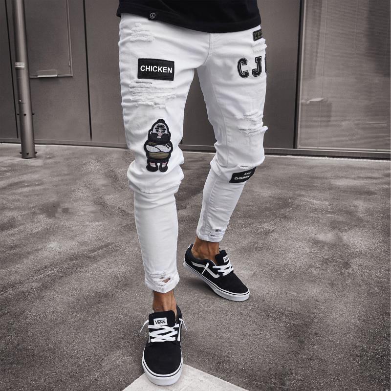 European and American men's hip-hop slim-fit torn foot pants badge micro stretch jeans