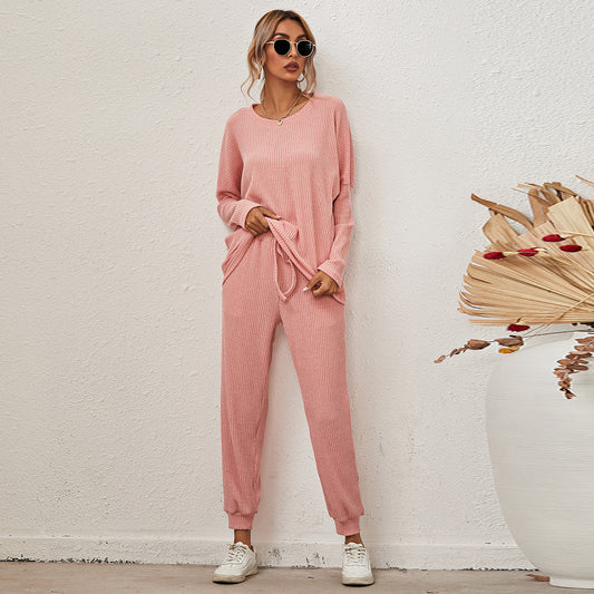 New style European and American solid color long-sleeved loose casual suit women's home wear pajamas