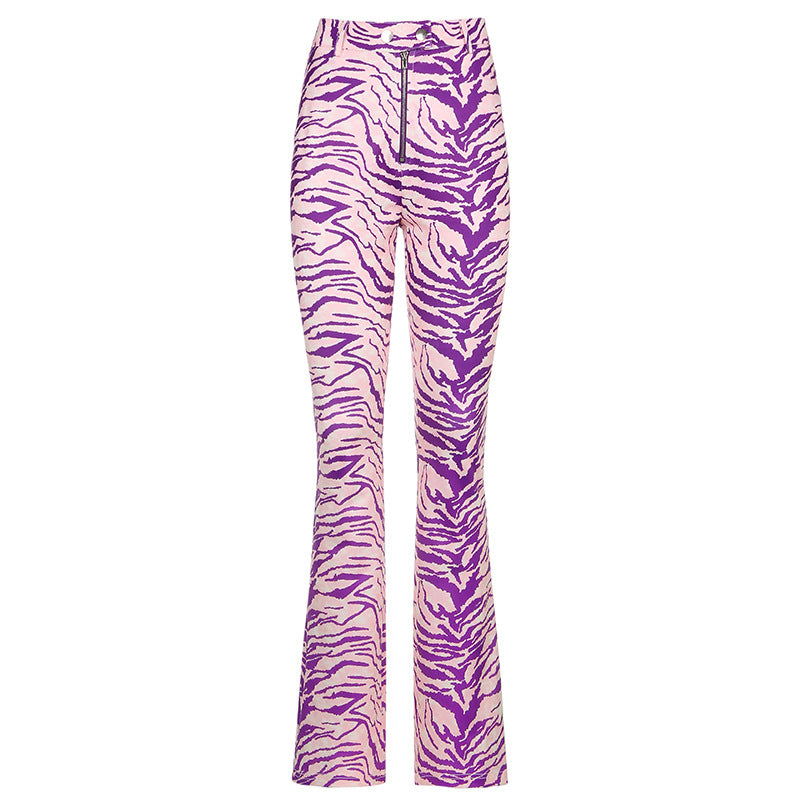 European and American style personality stripe printing zipper high waist casual straight-leg pants