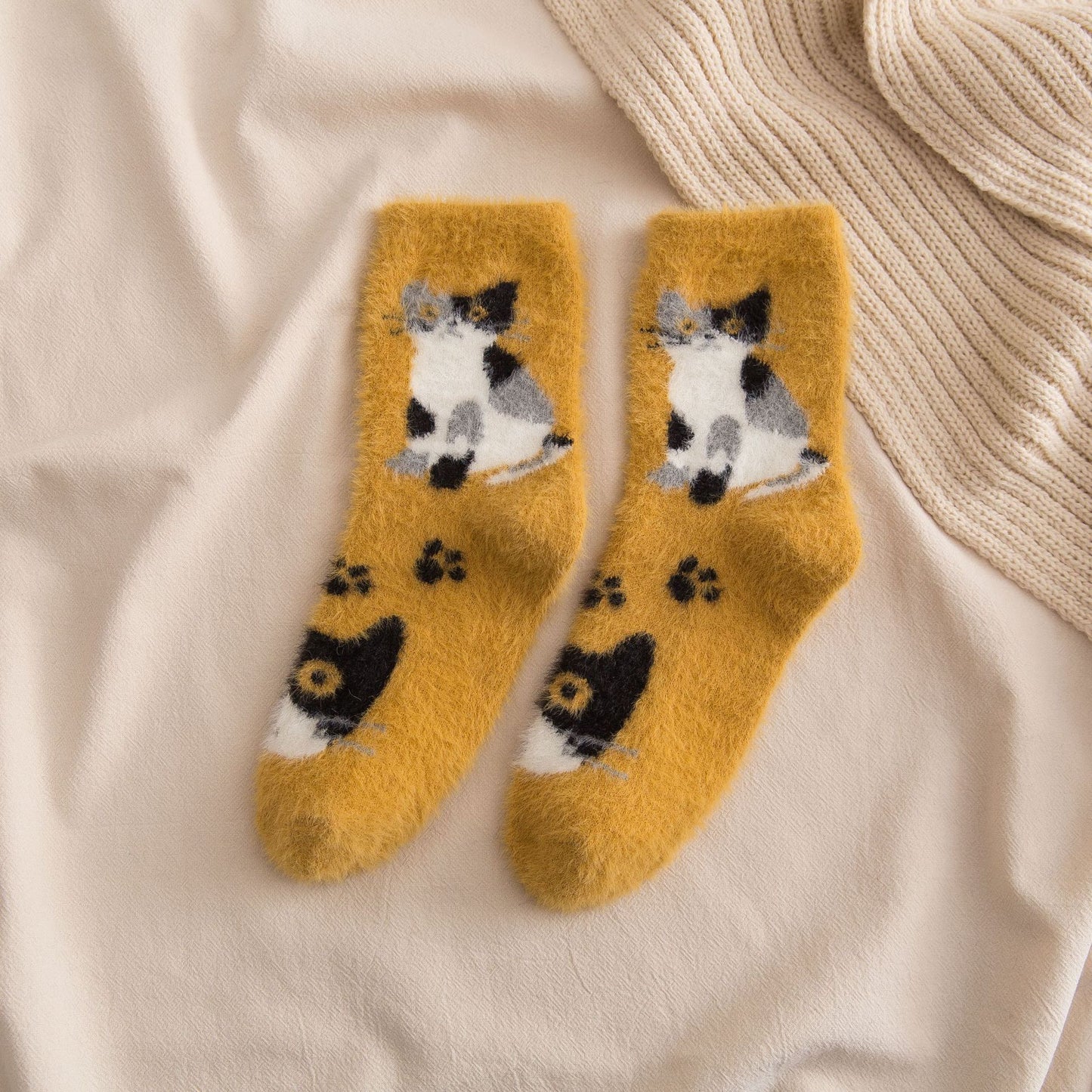 Socks women's tube socks thickened warm mink stockings cute cats sleep socks