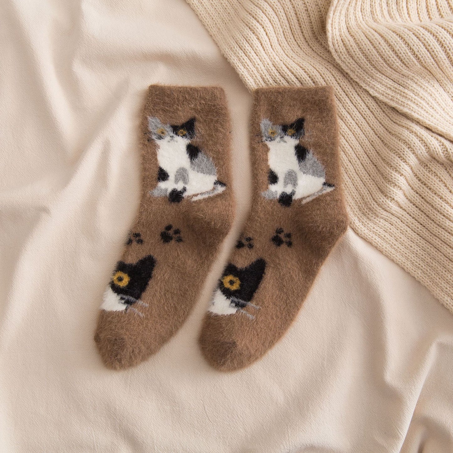 Socks women's tube socks thickened warm mink stockings cute cats sleep socks