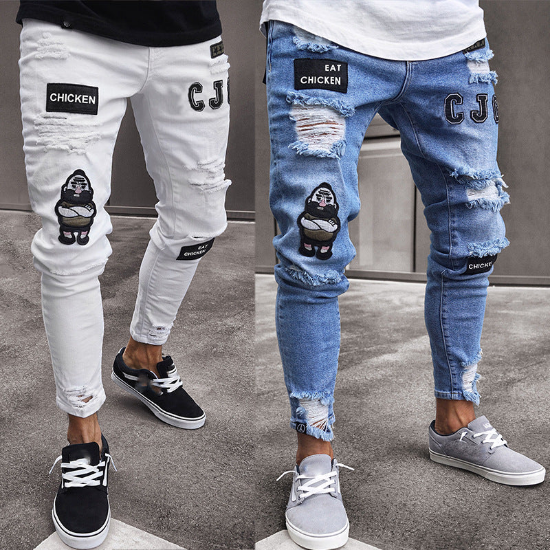 European and American hot models of men's hip-hop slim-fit torn foot pants