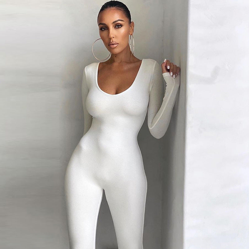 European and American low-neck tight-fitting long-sleeved high-waist solid color sports fitness jumpsuit