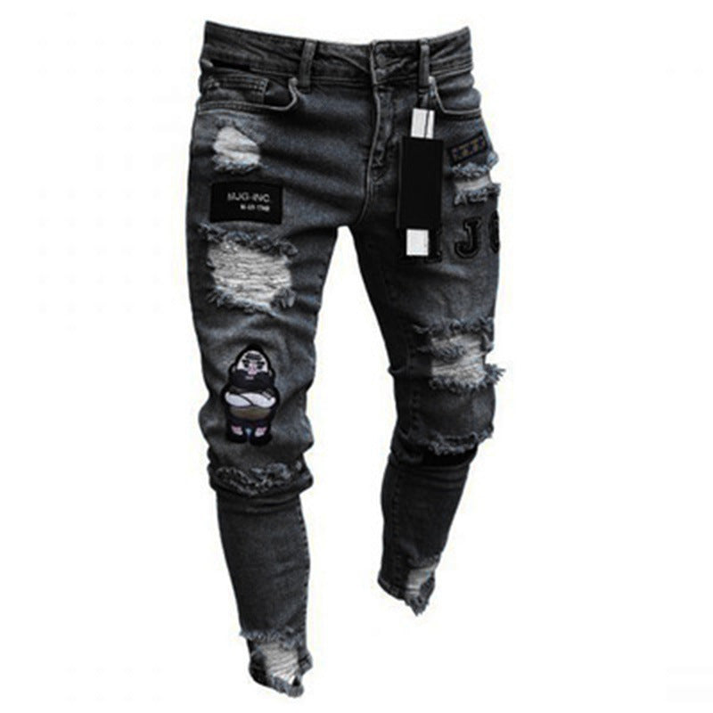 European and American men's hip-hop slim-fit torn foot pants badge micro stretch jeans