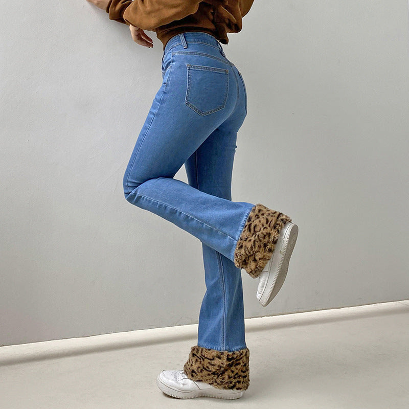 European and American style stretch micro-flap features leopard print stitching high waist slim slim jeans casual trousers