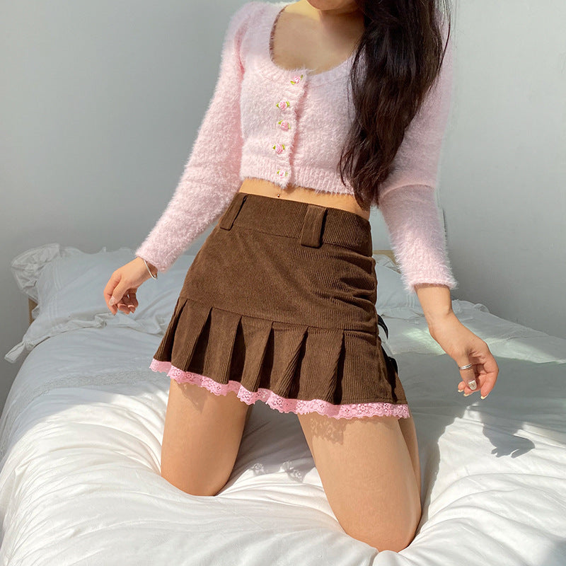 Europe and the United States women's corduroy lace pleated skirt hot girl skirt pleated skirt