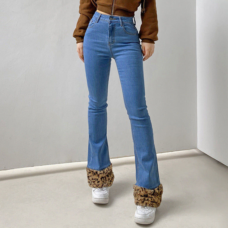 European and American style stretch micro-flap features leopard print stitching high waist slim slim jeans casual trousers