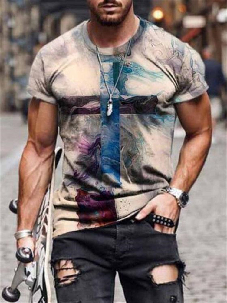 European and American new men's T-shirt cross print round neck short sleeve street trend T